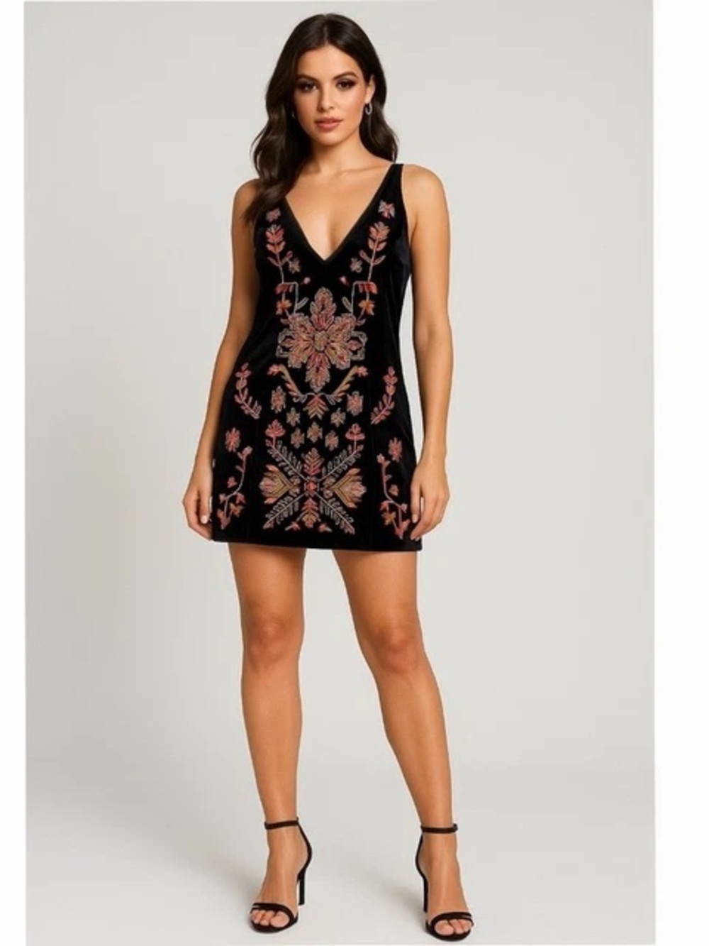 Zara Black Embroidered Velvet V-Neck Mini Dress